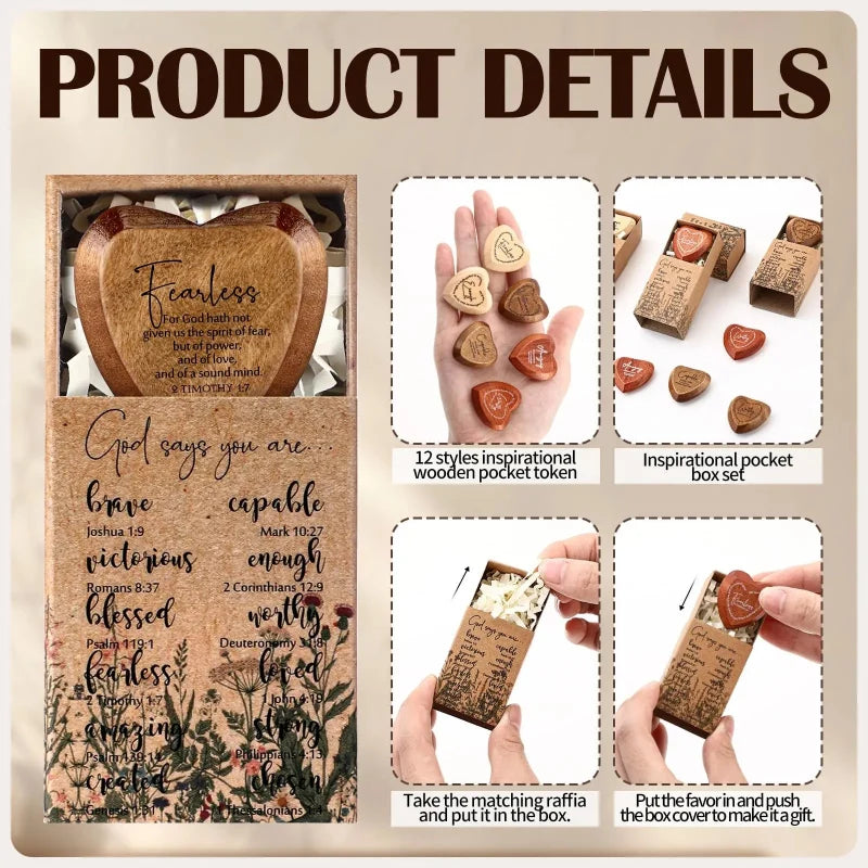 TYIIPRO™ Christian Pocket Hug Gifts – Wooden Heart Tokens with Bible Verses, Inspirational Gift Boxes & Prayer Cards, Religious Gifts for Church, Baptism & Encouragement