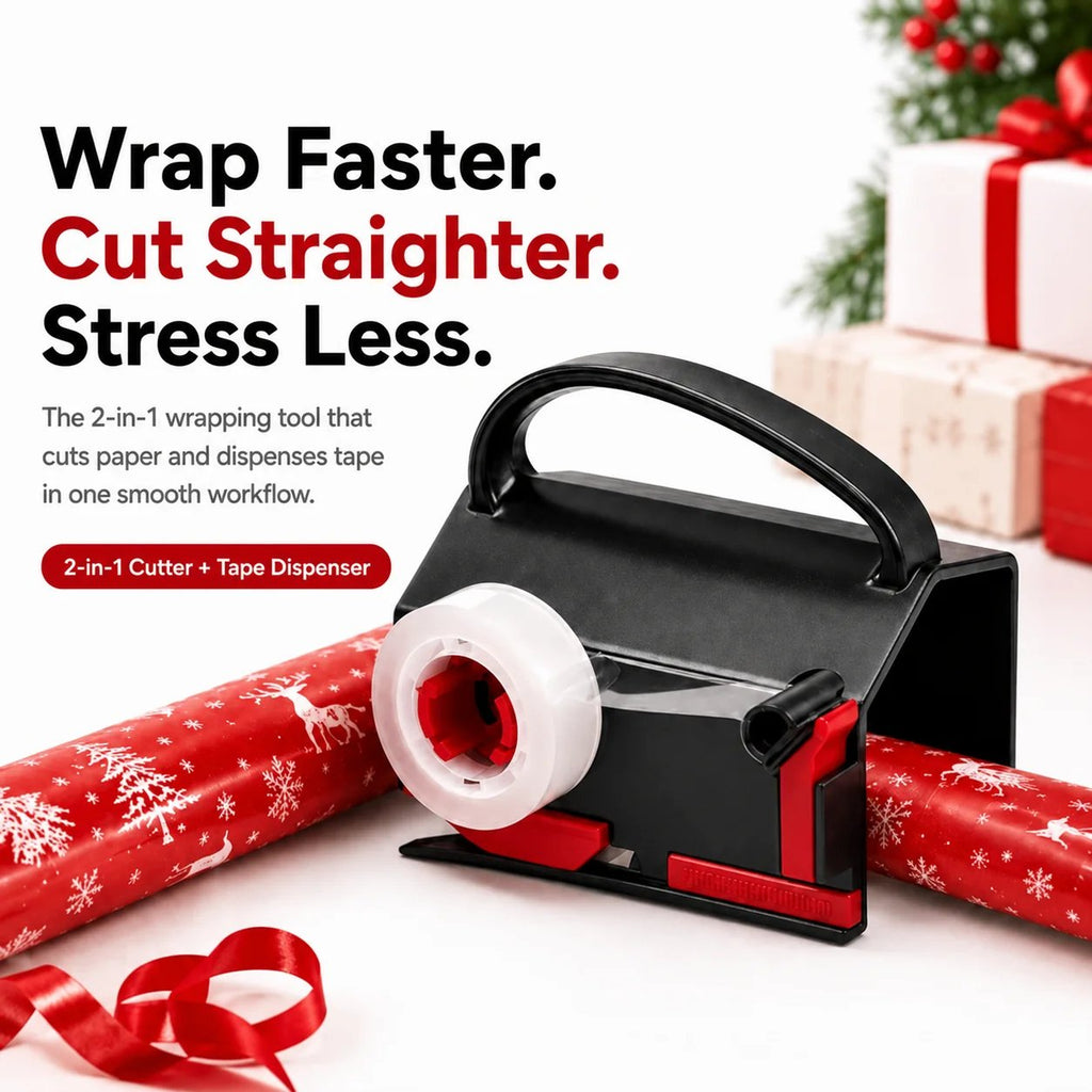 TYIIPRO™ 2-in-1 Wrapping Paper Cutter & Tape Dispenser – Gift Wrapping Tool for Faster, Cleaner & Straighter Cuts
