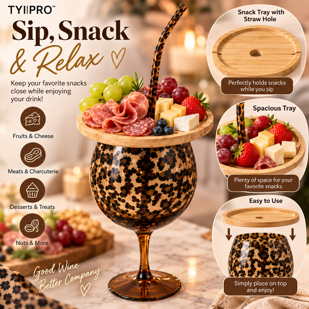 TYIIPRO™ Leopard Print Wine Glass Set with Snack Tray & Reusable Straw – 20.6 oz Girls’ Night Gift Set