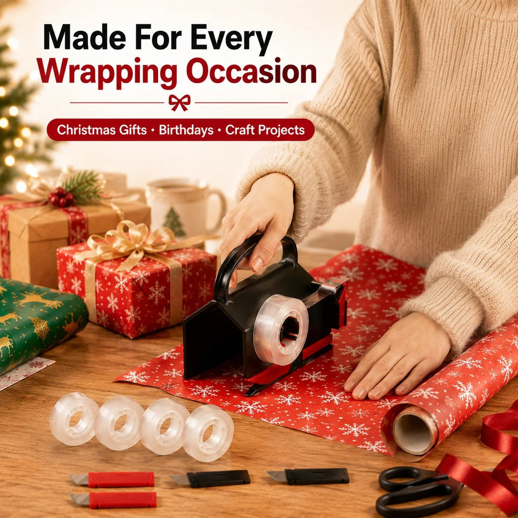 TYIIPRO™ 2-in-1 Wrapping Paper Cutter & Tape Dispenser – Gift Wrapping Tool for Faster, Cleaner & Straighter Cuts