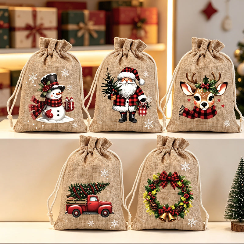 Christmas Drawstring Gift Bags – Reusable Santa & Reindeer Treat Bags