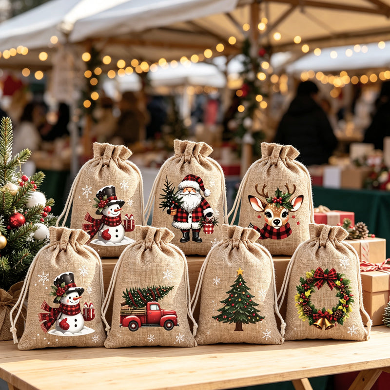 Christmas Drawstring Gift Bags – Reusable Santa & Reindeer Treat Bags