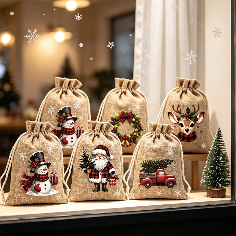 Christmas Drawstring Gift Bags – Reusable Santa & Reindeer Treat Bags