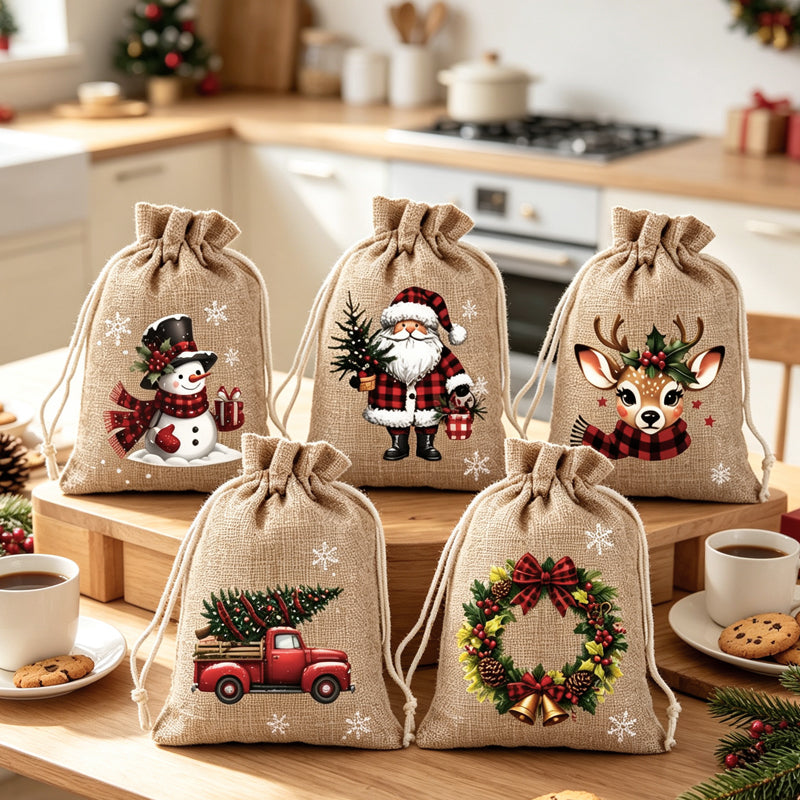 Christmas Drawstring Gift Bags – Reusable Santa & Reindeer Treat Bags