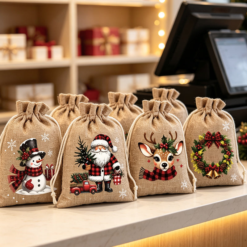 Christmas Drawstring Gift Bags – Reusable Santa & Reindeer Treat Bags